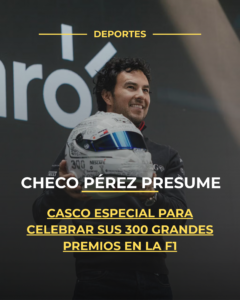 Checo Pérez presume casco especial para celebrar sus 300 Grandes Premios en la F1